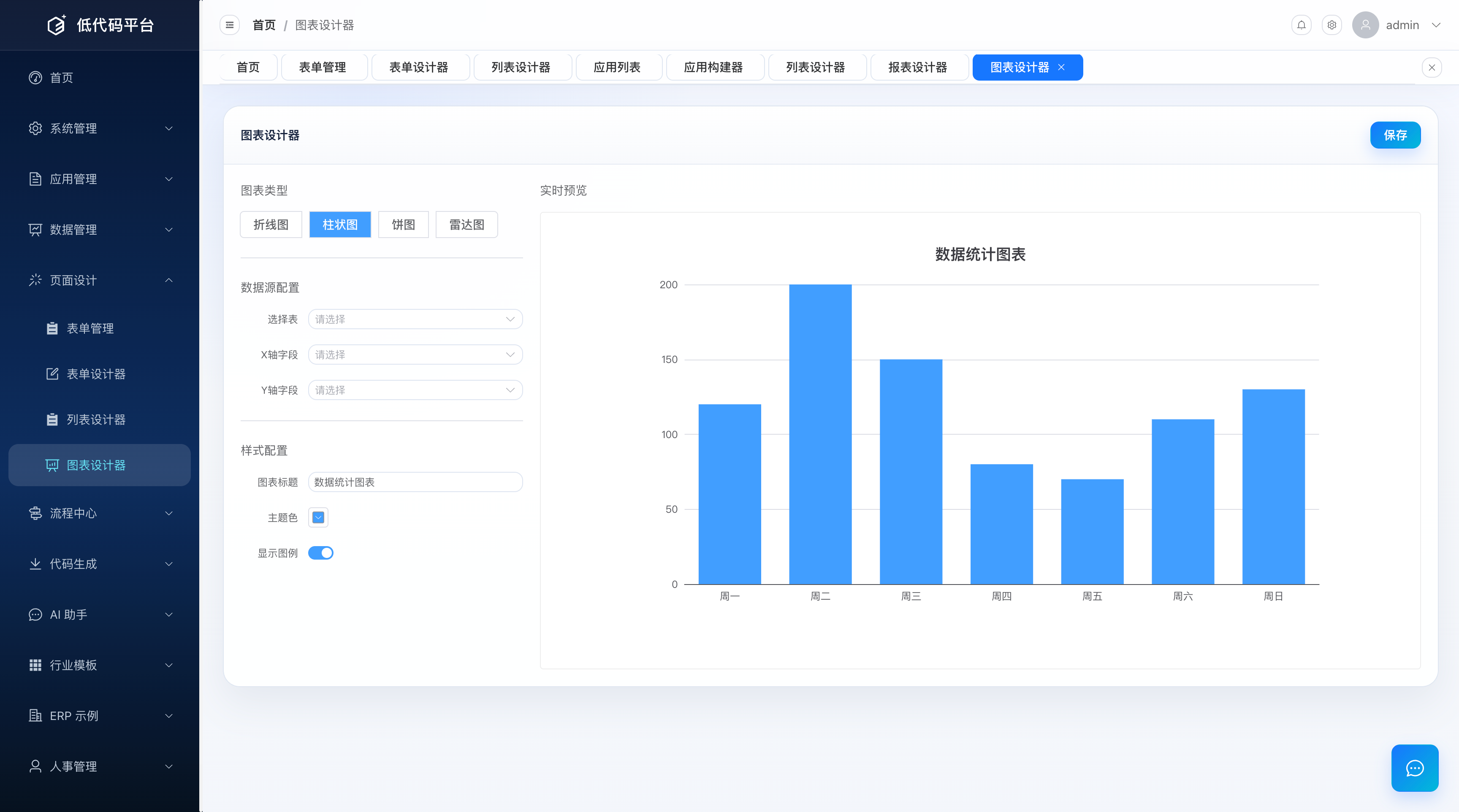 图表设计器界面：基本信息、关联数据表选择、维度与指标字段配置